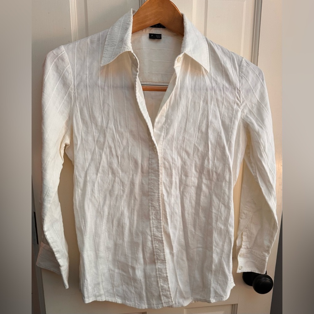 Ladies Theory Vintage White Striped Linen Spandex 3/4 Sleeve Button-Down - P